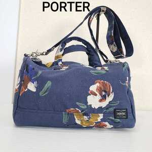 美品◆PORTER ポーター (吉田カバン) 2WAY キャンバス ミニボストン型 ハンドバッグ ショルダーバッグ レディース(ネイビー 花柄 フラワー)