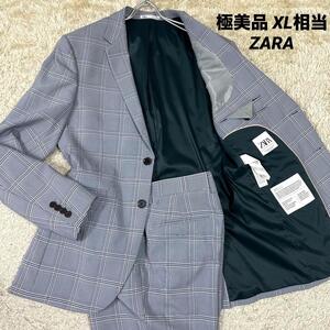 【極美品XL相当】ZARA ザラ　セットアップ　ジャケット　パンツ　ペンチェック　グレー　ラペルピン　冠婚葬祭　卒業式　入学式