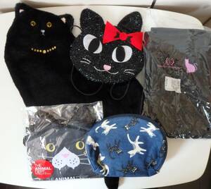 黒猫 グッズ 5点まとめ※LUNA SEAロゴ 猫バッグ※ラメ入り猫顔ミニバッグ※エコバッグ※猫総柄ポーチ※東京ベイ舞浜 レッグウォーマー？