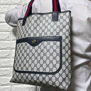 希少色/希少紙タグ◎ グッチ GUCCI メンズ A4収納 肩掛け トートバッグ GGスプリーム シェリーライン インターロッキング金具 ネイビー