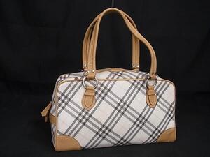 1円 BURBERRY バーバリーブルーレーベル ナイロンキャンバス×レザー チェック柄 トートバッグ アイボリー系×ライトブラウン系 GA0806