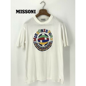 A9146/ビンテージ 90s 春夏 MISSONI SPORT ミッソーニ コットン クルーネック 半袖 デカロゴプリント Tシャツ カットソー L 白 メンズ