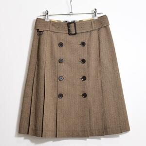 【新品同様】日本製 バーバリー ロンドン BURBERRY LONDON ヘリンボーン柄 ウール トレンチ スカート プリーツ ノバチェック 40/L ブラウン