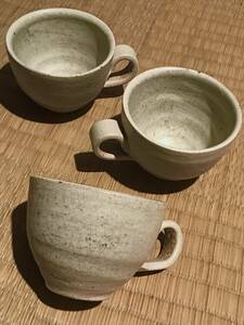 ☆骨董/在銘あり/萩焼/コーヒーカップ3点セット☆唐津焼/美濃焼/陶器製/箱無し/古美術/古物/アンティーク