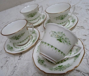 (☆BM)イギリス製/ROYAL WORCESTER DERWENT ロイヤルウースター ダーウェント コーヒー/デミタスカップ＆ソーサー 4客 茶器 グリーン 花柄