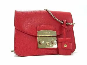 1円 ■美品■ FURLA フルラ メトロポリス レザー チェーン クロスボディ ショルダーバッグ 斜め掛けかばん レディース レッド系 FH0719