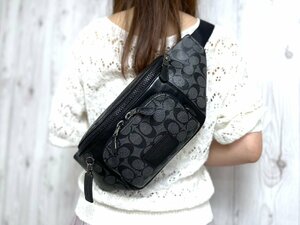 極美品 COACH コーチ シグネチャー ボディバッグ ウエストポーチ バッグ PAC×レザー グレー×黒 メンズ 72326Y