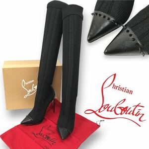 s104 良品 Christian Louboutin クリスチャン ルブタン メッシュ ニット ニーハイブーツ ロングブーツ スタッズ ソックスブーツ 37 正規品