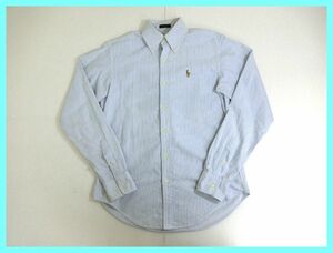 2309★F-1149★サイズ2 RALPH LAUREN CLASSIC FIT シャツ ボタンダウン ストライプ 水色 コットン100%　中古