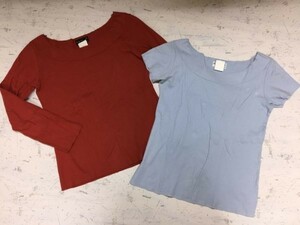 アニエスベー agnes b. ロンT カットソー Tシャツ 2点セット まとめて レディース シンプル ざっくりネック 長袖 半袖 日本製 2 青 朱色