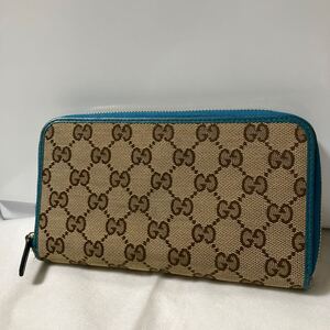 【良品】 GUCCI グッチ ラウンドファスナー長財布 キャンバス地 GGシマ レザー ブルー シリアルあり