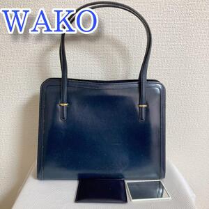 美品 和心　WAKO　ワコー レディース　レザー ハンド　バッグ ネイビー　ミラー