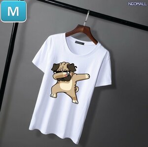 夏にピッタリ ☆ 丸首 半袖 Tシャツ【346】 ホワイト Mサイズ トップス シャツ シンプル イラスト 犬 ドッグ 春夏