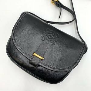 1円●極美品●LOEWE ロエベ ショルダーバッグ アナグラム 斜め掛け ロゴ型押し ポシェット レザー ブラック/黒 レディース メンズ 