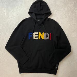 希少L/極美品 FENDI フェンディ パーカー スウェット ビッグロゴ マルチカラー カラフル 黒 ブラック48 フード レインボー ロゴ着脱可 現行