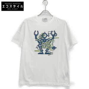 HERMES エルメス ホワイト ハローミスター 21SS Tシャツ ホワイト ネイビー M トップス コットン メンズ 中古