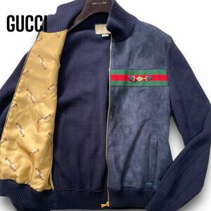 美品/人気L◎GUCCI 極上レザー ニット切替 シェリーライン インターロッキング GG ホースビット スエード ブルゾン ジャケット 総柄 グッチ