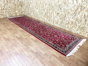 最高級 KASHAN カシャーン ペルシャ絨毯 ロング 手織り 廊下 ライナー カーペット ラグ イラン 402×112cm レッド系 ウール 証明書有(貝350