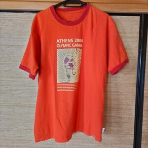 アテネ・オリンピック2004 ×マクドナルド×コカ・コーラ リンガーＴシャツ 三越 オレンジ コットン メンズ サイズＭ-Ｌ 中国製 ユーズド品