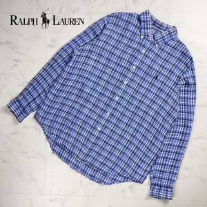 美品 RALPH LAUREN ラルフローレン リネン100% ボタンダウン 長袖チェックシャツ トップス メンズ 青 ブルー サイズXL*RC430