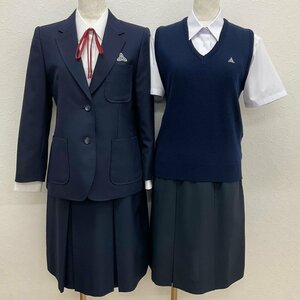 US929-2 (中古) 奈良県 光明中学校 7点セット /指定品/155A/S/M/W63/ブレザー/ベスト/ブラウス/スカート/紐リボン/紺/夏冬/制服/女子学生/