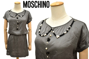 Y-1995★送料無料★美品★LOVE MOSCHINO ラブ モスキーノ★春夏 イタリア製 正規品 グレー ビーズ＆パール 薄地 ミニ 半袖 ワンピース 38