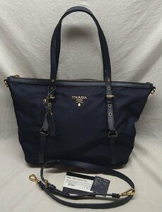 ＄未使用級【 PRADA プラダ 2wayトートバッグ NYLON JACQUARD+SAFFI BR4254 濃紺 ネイビー ギャランティ付 レディース バック】KH12770