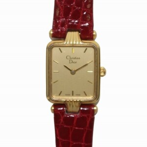 クリスチャンディオール Christian Dior 腕時計 ウォッチ クォーツ スクエア レザーベルト 赤 レッド 文字盤ゴールド色 3011