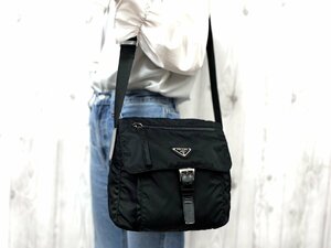 極美品 PRADA プラダ テスート ショルダーバッグ バッグ ナイロン×レザー 黒 メンズ 76668Y