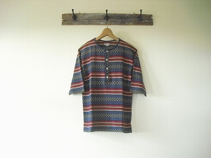 Jacquard border H/S（5部袖）Ｔ-shirt（WAREHOUSE）ウエアハウス　ジャカード織りボーダー（ヘンリーネック）Ｔシャツ　38　絶版　美USED 