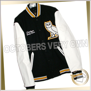 100■20AW OCTOBERS VERY OWN Omega Varsity Jacket ブラック×ホワイト S 袖レザースタジャン 希少 OVO SK21062063