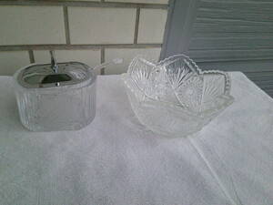 〇切子ガラスのシュガーポットとガラス鉢セット