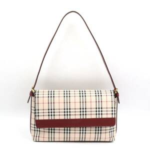 ★BURBERRY バーバリー ノバチェック キャンバス×レザー ワンショルダーバッグ 肩掛け レディース ベージュ系×レッド系