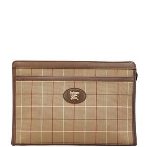 バーバリー チェック クラッチバッグ カーキグリーン ブラウン キャンバス レザー レディース BURBERRY 【中古】