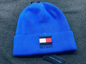 USA正規品 トミーヒルフィガー TOMMY HILFIGER 厚手 ニットキャップ ニット帽 ビーニー 綿 コットン100％ ブルー 青 フラッグ刺繍 Knit