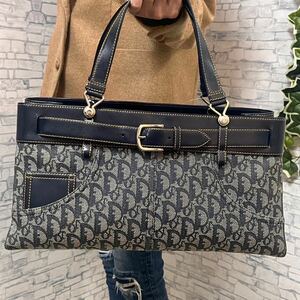 美品 Christian Dior クリスチャンディオール トロッター キャンバス レザー ハンドバッグ 肩掛け ショルダーバッグ ベルト 