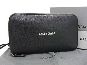 1円 ■美品■ BALENCIAGA バレンシアガ 594290 エブリデイ レザー ラウンドファスナー 長財布 ウォレット ブラック系 FK0527