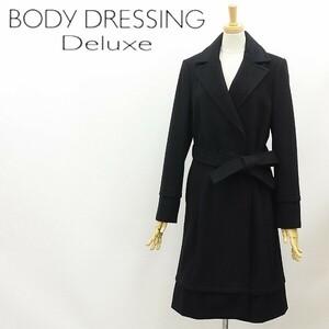 ◆BODY DRESSING Deluxe ボディドレッシング デラックス カシミヤ混 ウエストベルト付 ロング コート 黒 ブラック 38