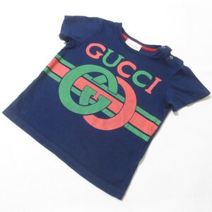 BM100　GUCCI　グッチ　チルドレンズ　ネイビー　ロゴ　GG　プリント　半袖　Tシャツ　12/18M　紺　子供服　イタリア製　【