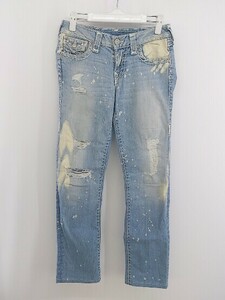 ◇ TRUE RELIGION USA製 ダメージ加工 ペイント デニム ジーンズ パンツ サイズ25 ライトブルー系 メンズ E