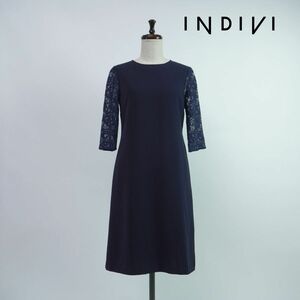 美品 INDIVI インディヴィ レーススリーブ ドッキングセミフレアワンピース バックジップ 膝丈 裏地あり レディース 紺 サイズ5*PC794