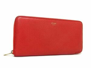 1円 ■極美品■ CELINE セリーヌ レザー ラウンドファスナー 二つ折り 長財布 ウォレット レディース レッド系 FJ0397