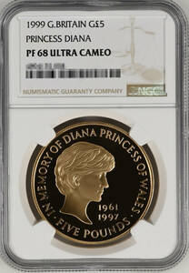 【記念貨幣】1999年 イギリス エリザベス 女王 ダイアナ妃 追悼 記念５ポンド 金貨 NGC PF68 ULTRA CAMEO メモリアル ゴールド コイン★L57