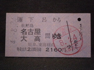 JR東海　下呂から名古屋・大高間ゆき乗車券