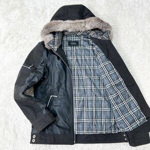 バーバリーブラックレーベル　ラムレザージャケット　デニム　切替　フード取り外し可能　チェック　黒 Lサイズ BURBERRY BLACKLABEL