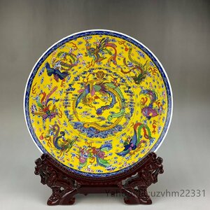 超美品!お皿 観賞皿 粉彩 黄地粉彩 九鳳図 磁器 スタンド付き 観賞 景徳鎮 中国陶磁 中国美術 装飾 賞物