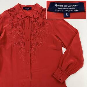 レア 80s 青山 COMME des GARCONS シルク 花柄 刺繍 レース 丸襟 長袖 ブラウス レッド コムデギャルソン シャツ VINTAGE archive 3070392