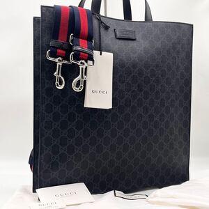 【未使用 保管品】GUCCI グッチ GGスプリーム トートバッグ 2way ショルダーバッグ 肩掛け 手提げ A4 大容量 ブラック 黒 レザー 保存袋 