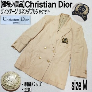 【極希少/美品】Christian Dior クリスチャンディオール ヴィンテージ リネンダブルジャケット(M) テーラードジャケット 刺繍パッチ×金釦