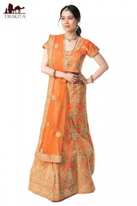 送料無料 パーティードレス コスプレ ウェディングドレス (1点物)インドのレヘンガドレスセット オレンジ